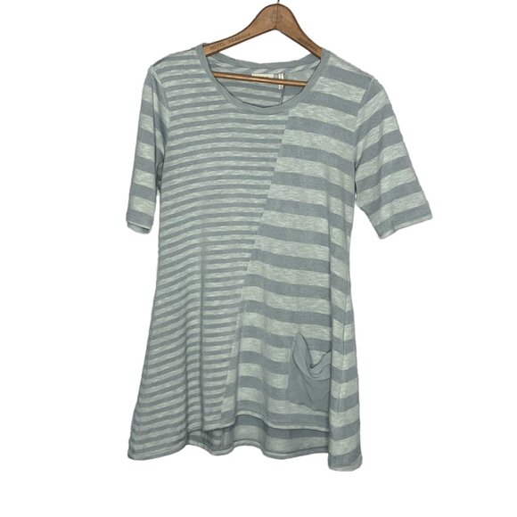LOGO Lori Goldstein Small S Gray Striped Pocket Cotton Blend Knit Tunic Sweater - Picture 1 of 4